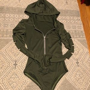 Army Green slashed long sleeve bodysuit